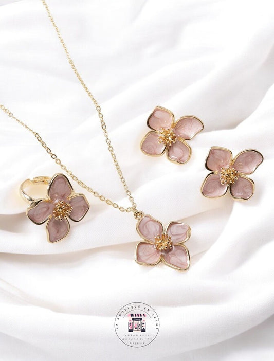 Parure 3 pièces bijoux dorés blanc ou rose