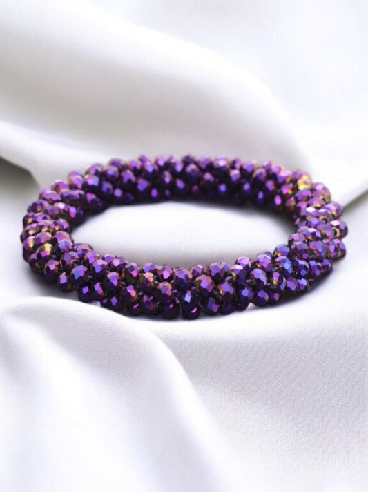 Bracelet élastique avec pierres en strass  violet foncé / blanc ou noir brillant irisé