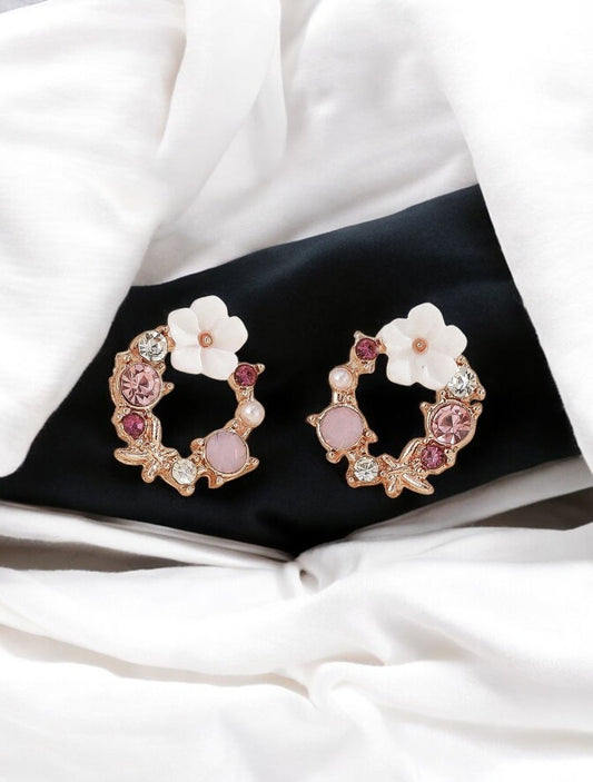 Boucle d’oreille florales en strass dorées & rose