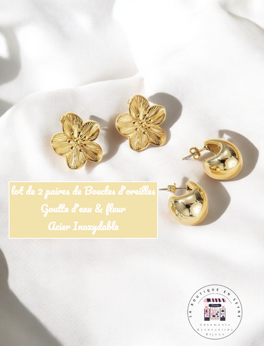 lot de 2 paires de boucles d'oreilles fleurs + gouttes dorées avec fermoir
