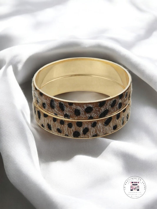 Lot de 2 joncs dorés & léopard marron effet poil