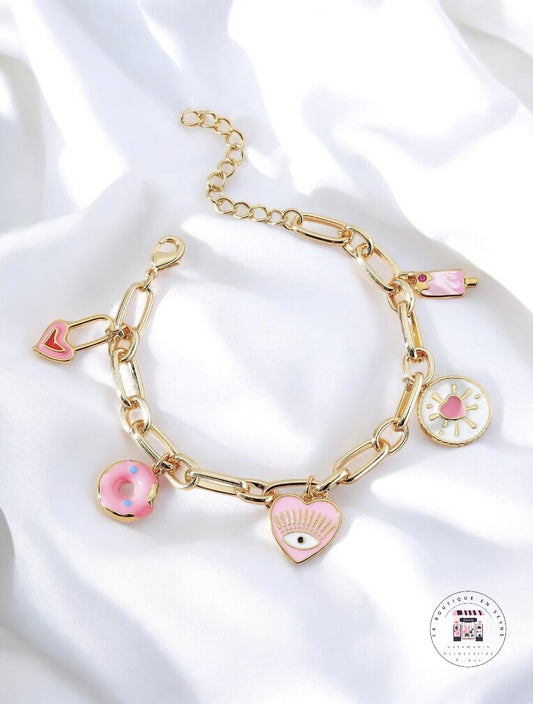 Bracelet charms doré breloques rose et blanc