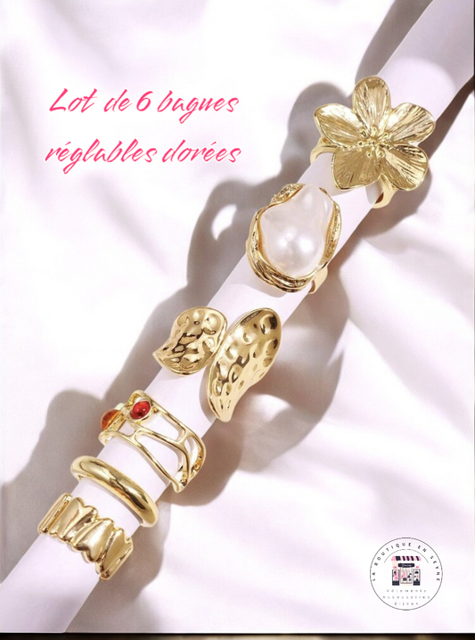 Lot de 6 bagues dorées et réglables ajustables