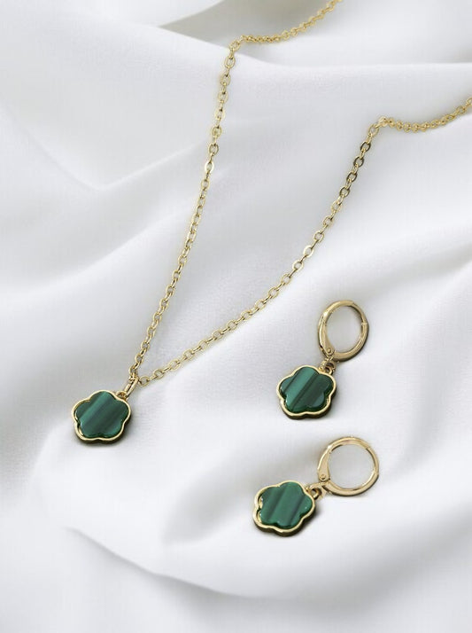 Parure 2 pièces doré et vert émeraude ou blanc fleurs