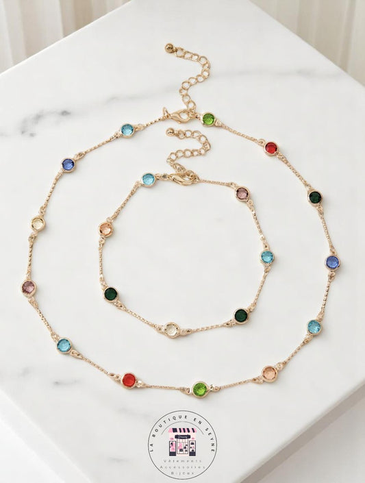 Parure 2 pièces dorées et pierres multicolores collier et bracelet