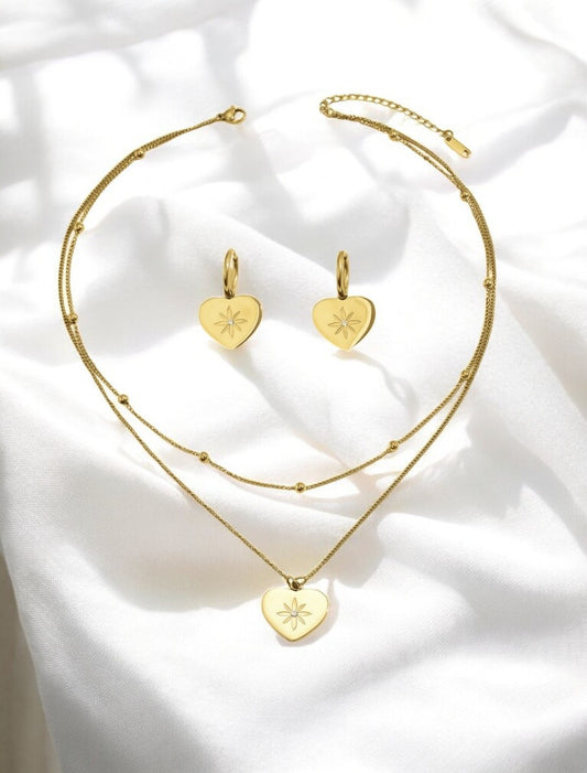 Parure 2 bijoux dorés motif cœur et strass