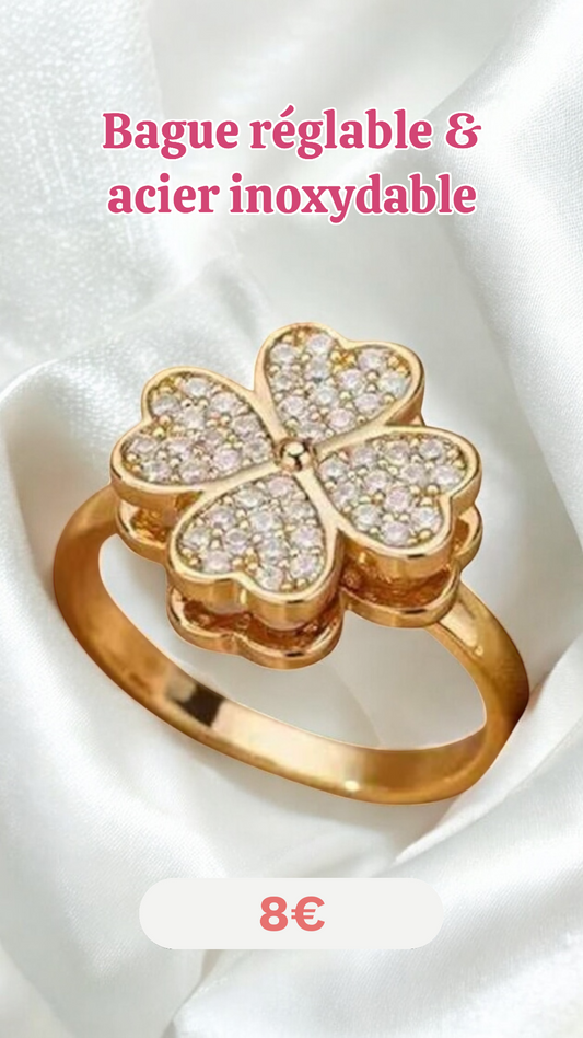 Bague rotative anti stress dorée coeur 4 trèfles