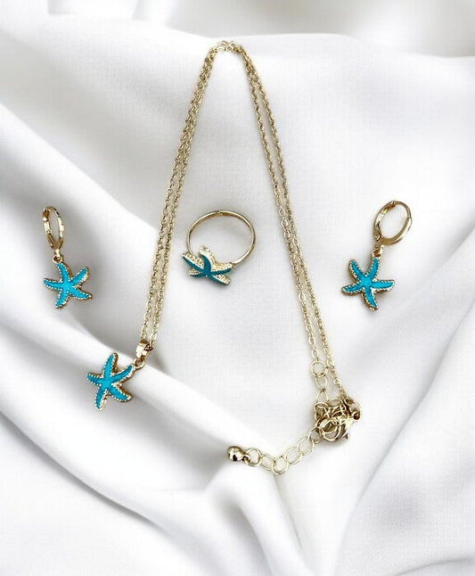 Parure 3 bijoux doré étoiles de mer bleu turquoise