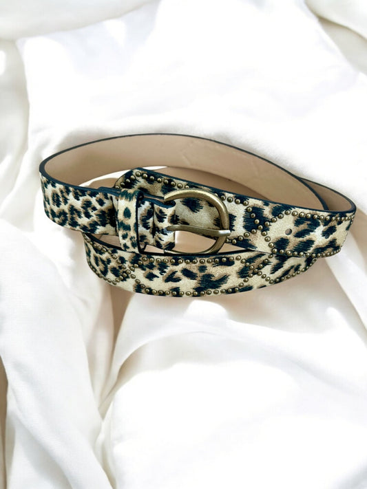 Ceinture argentée léopard beige et marron