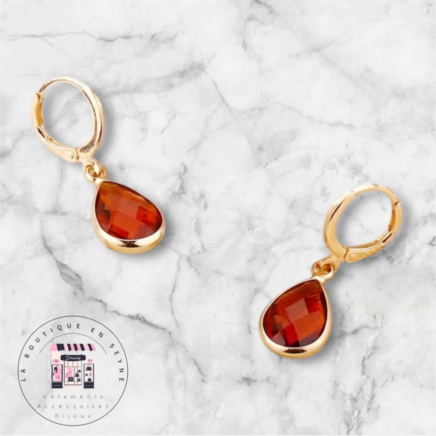 Boucles d’oreilles pendantes dorée & et gouttes rose, rouille ou bleu