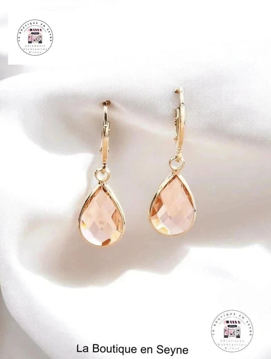 Boucles d’oreilles pendantes dorée & et gouttes rose, rouille ou bleu