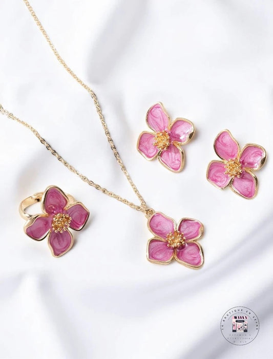 Parure 3 bijoux dorée fleurs blanc, rose