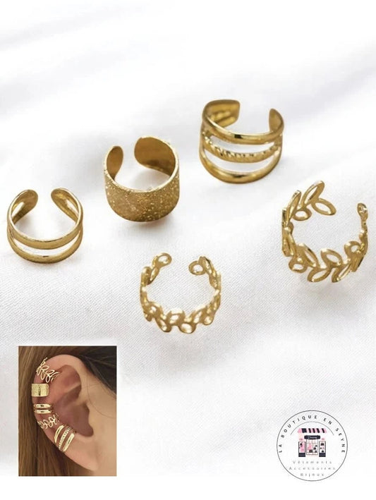 Composition de 5 boucles d'oreilles dorées clip /créoles / ear cuff / accumulation