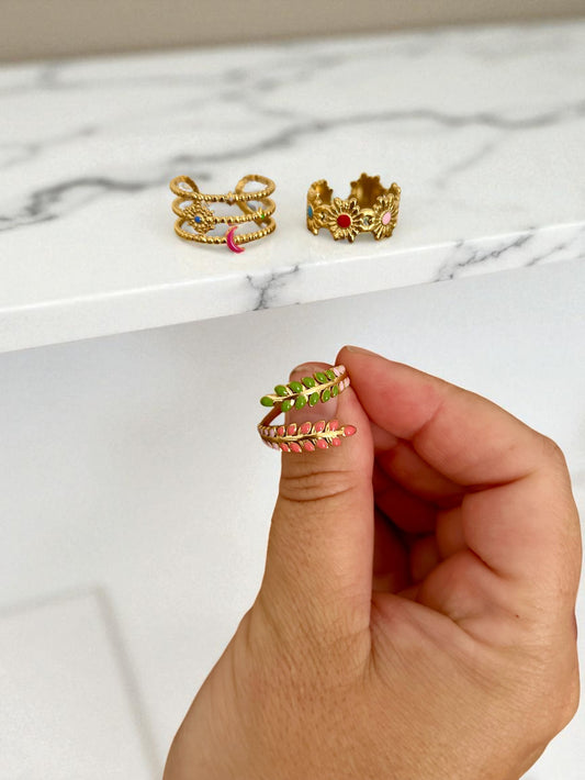 Lot de 3 bagues dorée multicolores & réglables ajustables