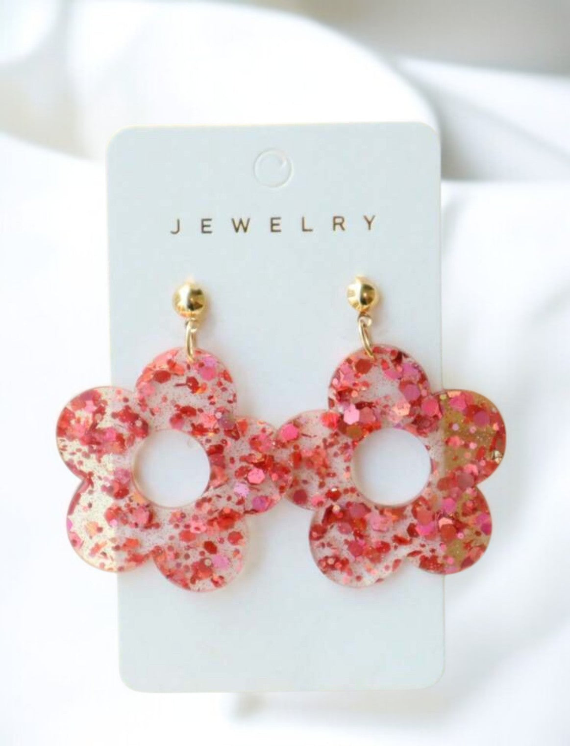Boucles d’oreilles dorées & fleurs à 5 pétales multicolores et paillettes