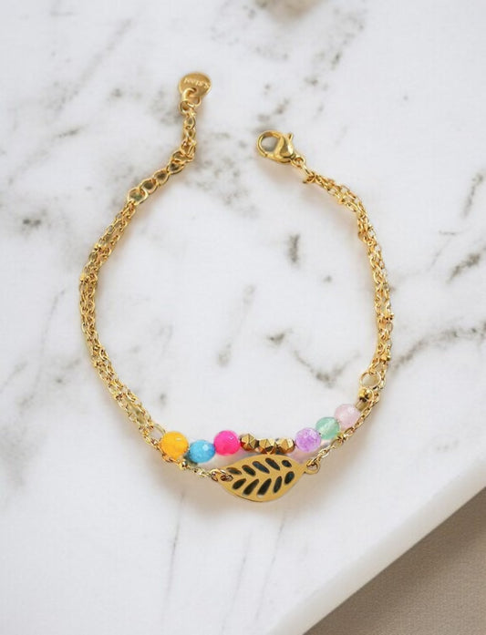 Bracelet double chaîne doré perles multicolores et feuille dorée
