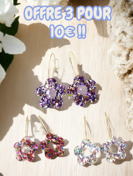 Boucles d’oreilles créoles trèfles dorée pailletées 3 POUR 10€