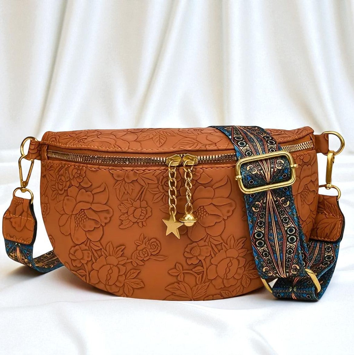 Sac banane bandoulière marron camel avec fleurs