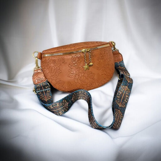 Sac banane bandoulière marron camel avec fleurs