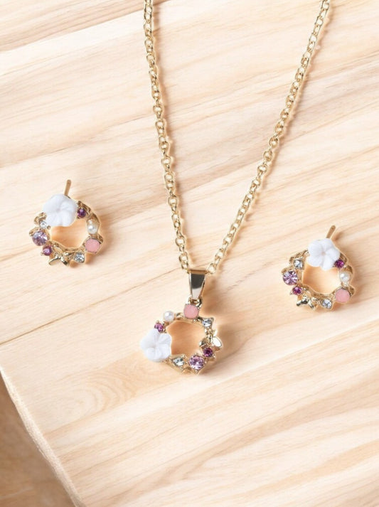 Parure 2 bijoux boucles d’oreilles et collier floral