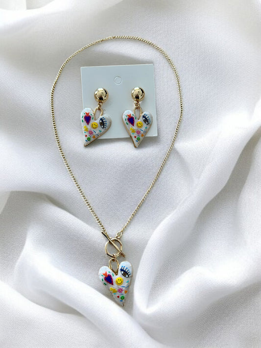 Parure 2 bijoux doré multicolores motif cœur et œil