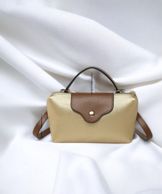 Mini sac bandoulière doré et beige et avec rabat camel