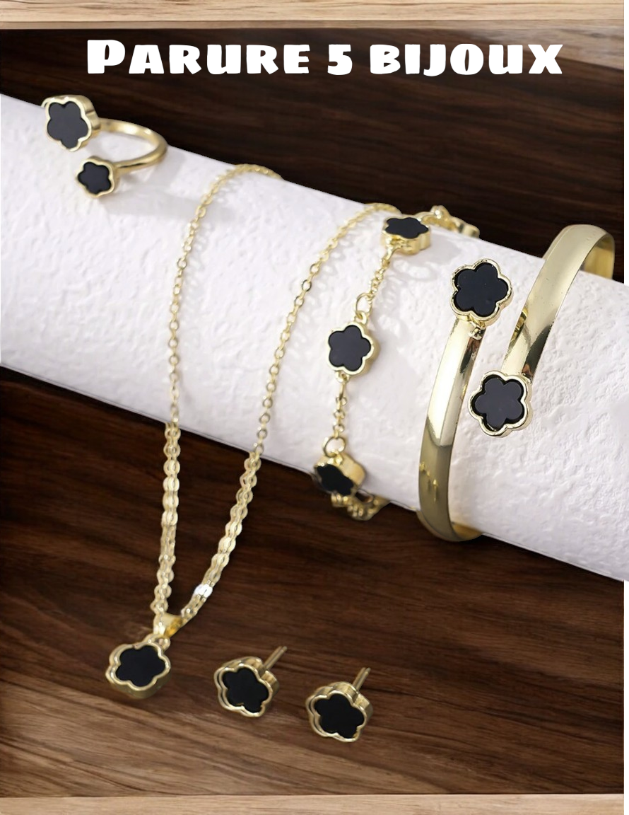 Parure comprenant 5 bijoux dorés fantaisie motif fleurs