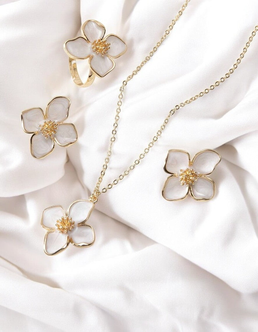 Parure 3 pièces bijoux dorés blanc ou rose