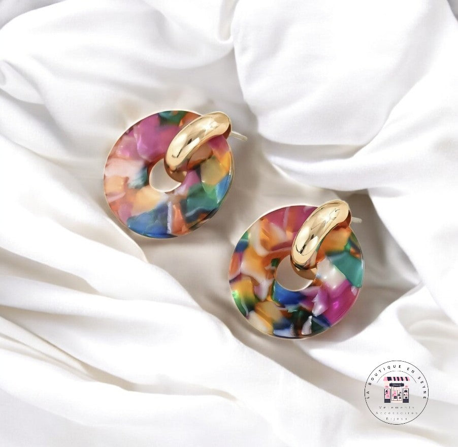 Boucles d'oreilles multicolores dorées