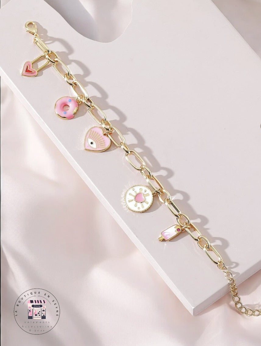 Bracelet charms doré breloques rose et blanc