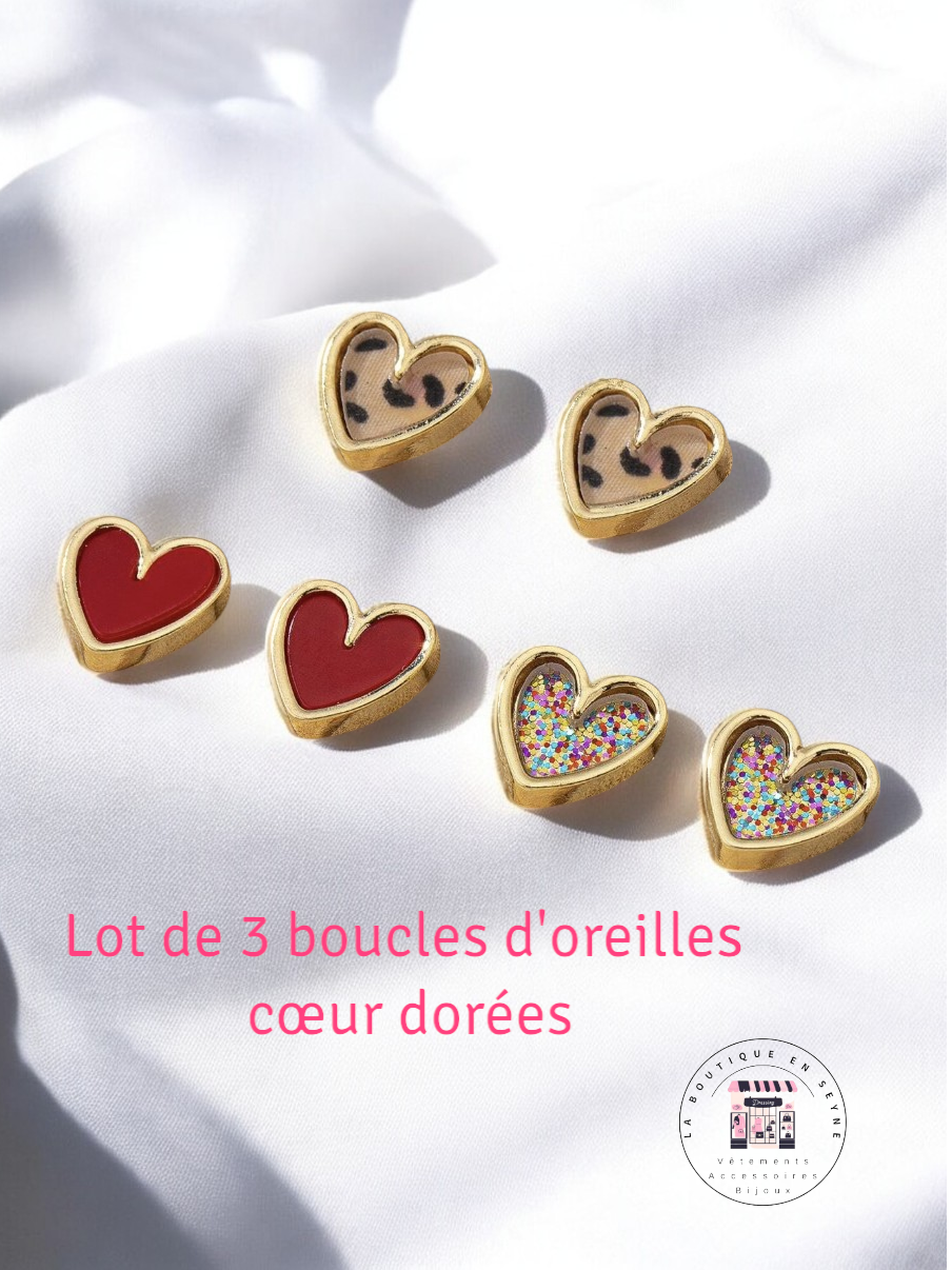 Lot de 3 paires de Boucles d’oreilles dorées cœur