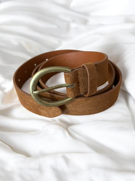 Ceinture Camel femme marron effet velours boucle dorée