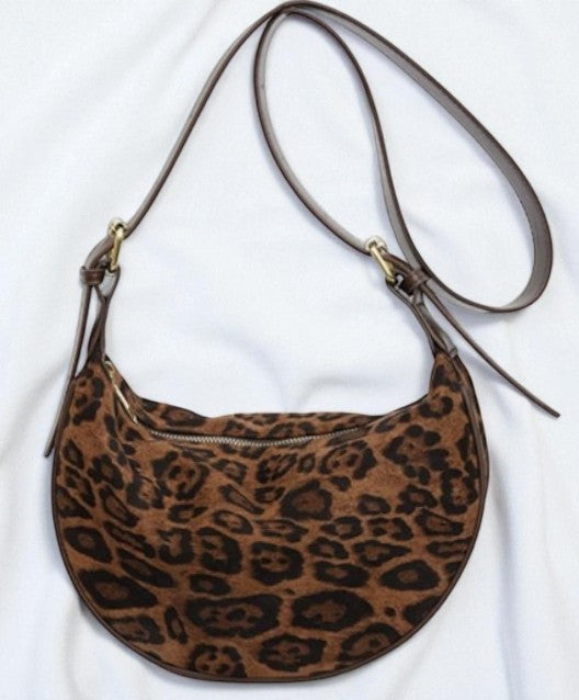 Sac besace marron léopard velours